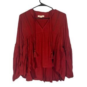 Lottie & Holly Red Long Sleeve V-Neck Boho Tassel Peasant Blouse Women Sz S